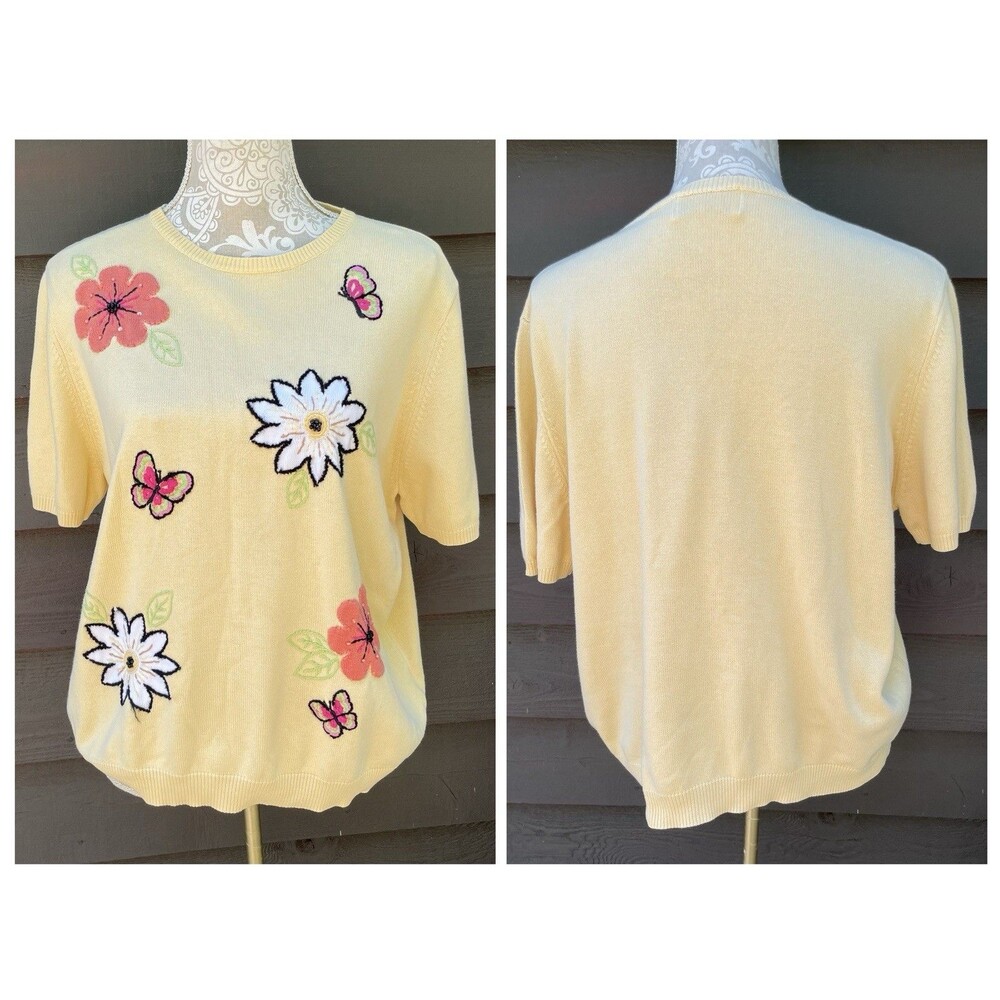 VTG Alfred Dunner Floral Butterfly Sweater Yellow Embroidered Cottagecore Sz L
